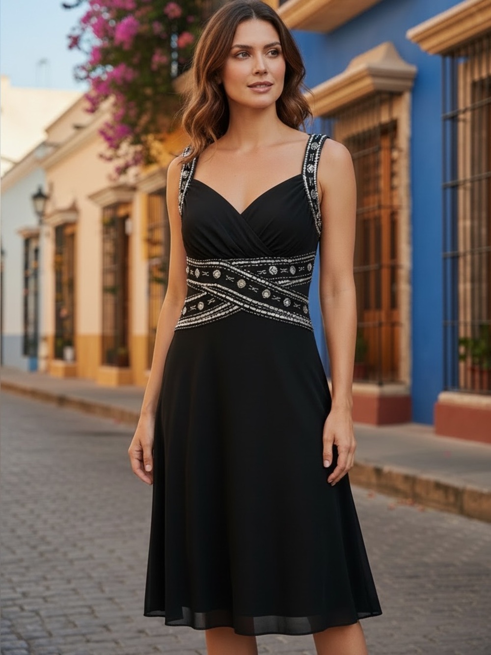 Hailey Logan by Adrianna Papell Black Beaded Sequin A-Line Dress V-Neck XS